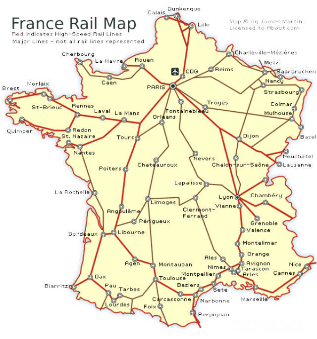 Mapa dos trilhos de trem na França