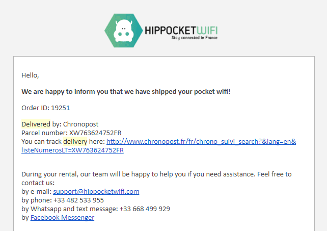 Hippocket Wifi - Email avisando do envio