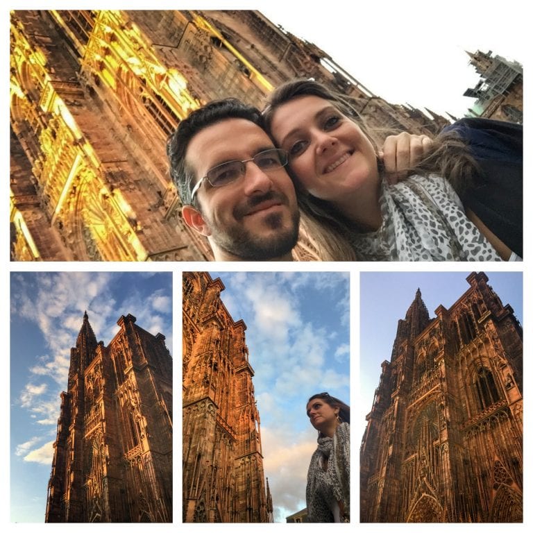 Mosaico com 4 fotos da catedral com céu azul atrás. Duas fotos tem pessoas: mulher olhando para a esquerda em frente a catedral e o casal fazendo selfie em frente a catedral iluminada pelo sol do entardecer