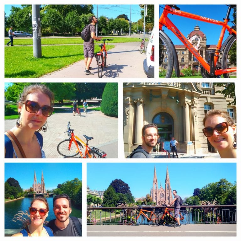 Bicicletas em Strasbourg: Palais du Rhin, praça da prefeitura de Strasbourg e igreja