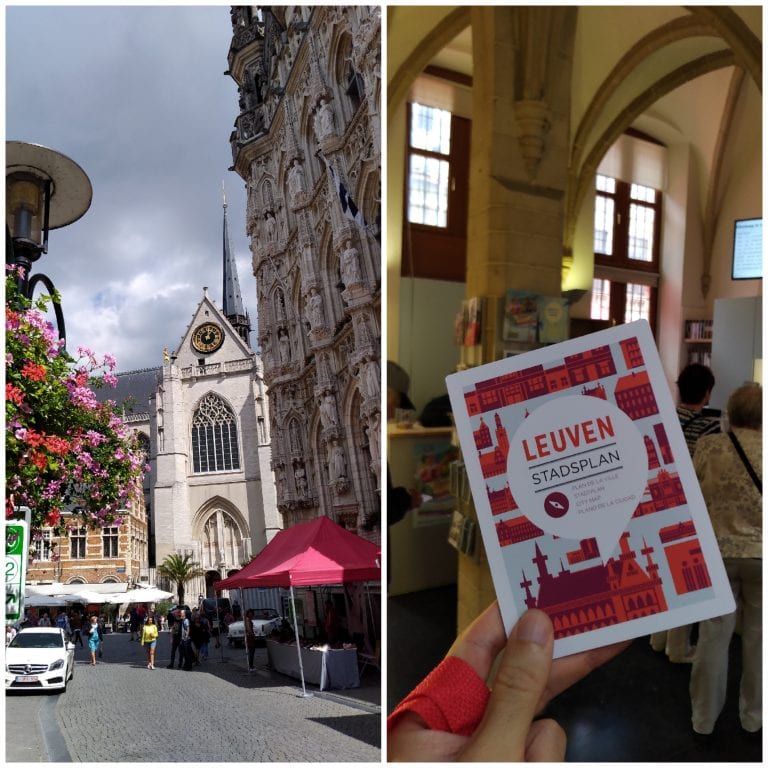 Entrada da loja de turismo 'Visit Leuven' e um dos folhetos informativos da cidade