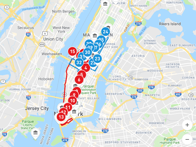 Mapa com as paradas das rotas vermelha e azul do Big Bus New York