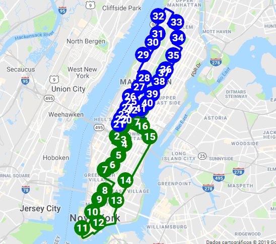 Mapa com as rotas verde e azul da City Sightseeing New York