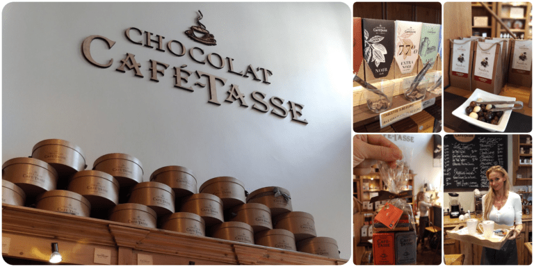 Mosaico com detalhes das prateleiras da loja, uma mulher segurando uma bandeja e o logo da Chocolat Cafe Tasse na parede| Guia de restaurantes em Bruxelas 