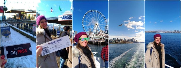 composição de 5 fotos: 1) talão escrito Seattle CityPass; 2) Ingresso Argosy Cruises; 3) Chai de óculos de sol e gorro no barco com a roda gigante de Seattle ao fundo; 4) Gaivota voando sobre o mar com cidade ao fundo; 5) Chai no barco com a cadeia de montanhas ao fundo