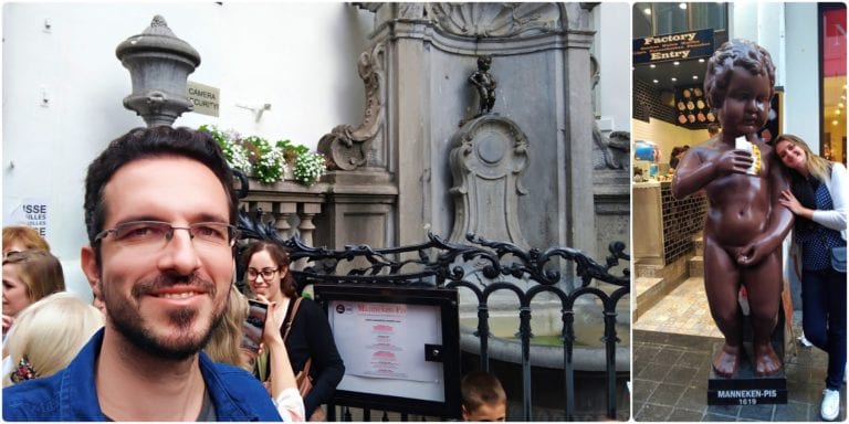 Augusto com o Manneken Pis verdadeiro e a Chai com a réplica em escala bem maior que fica em frente à loja Le Funambule 