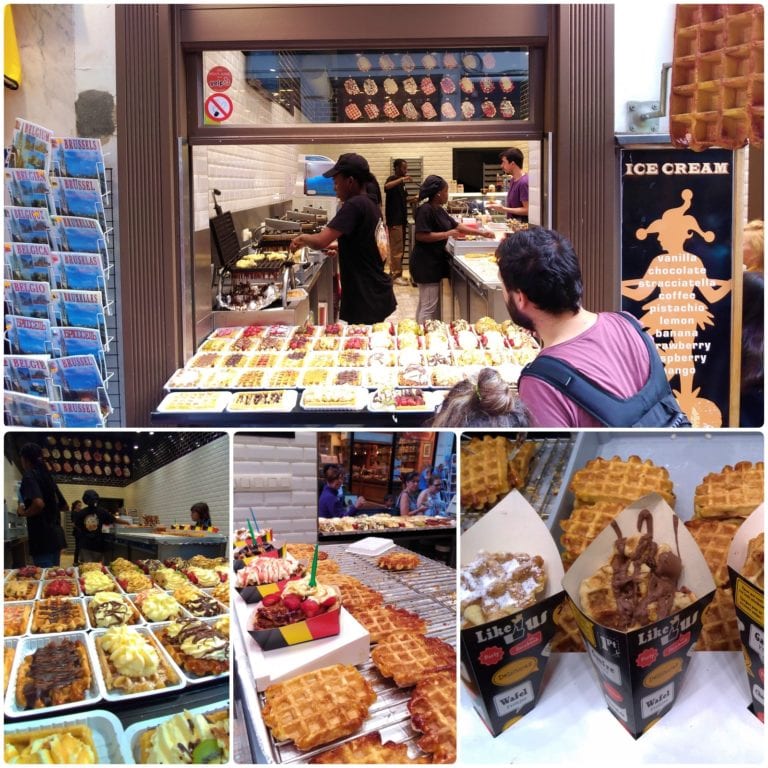 Mosaico com fotos da vitrine e detalhes dos waffles 