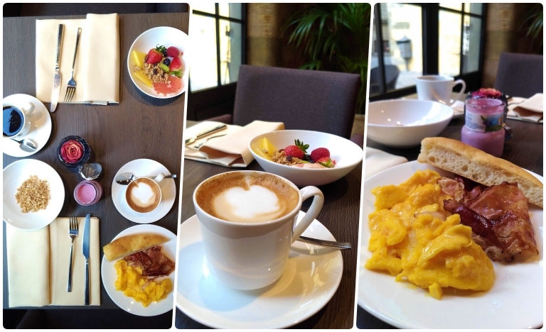 Onde ficar em Lucca: montagem cm 3 fotos de café da manhã do Palazzo Dipinto mostrando cappuccino, prato com ovos e bacon e uma foto de todas mesa vista de cima