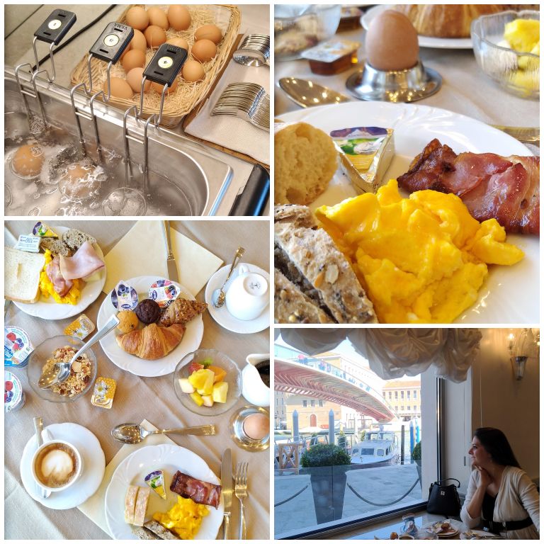 Café da manhã do hotel: pães integrais, croissants e opções quentes como ovo cozido na hora, ovos mexidos e bacon 