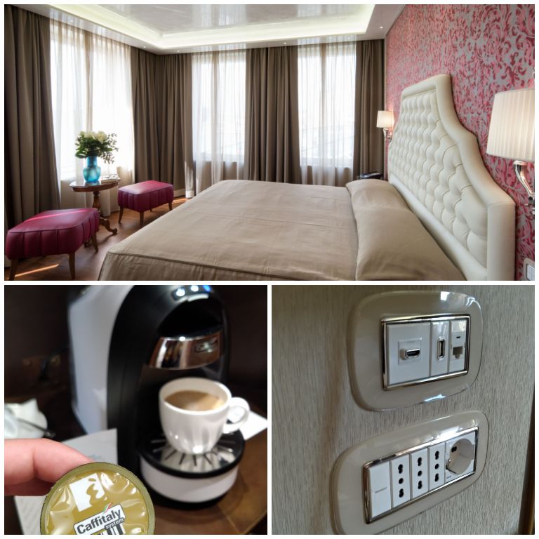 Detalhes do quarto do Santa Chiara Hotel, em Veneza: confortável, com cafeteira létrica e muitas tomadas!