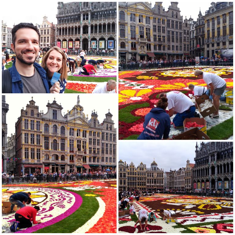 Montagem do tapete de flores na grand Place durante o evento Flower Carpet