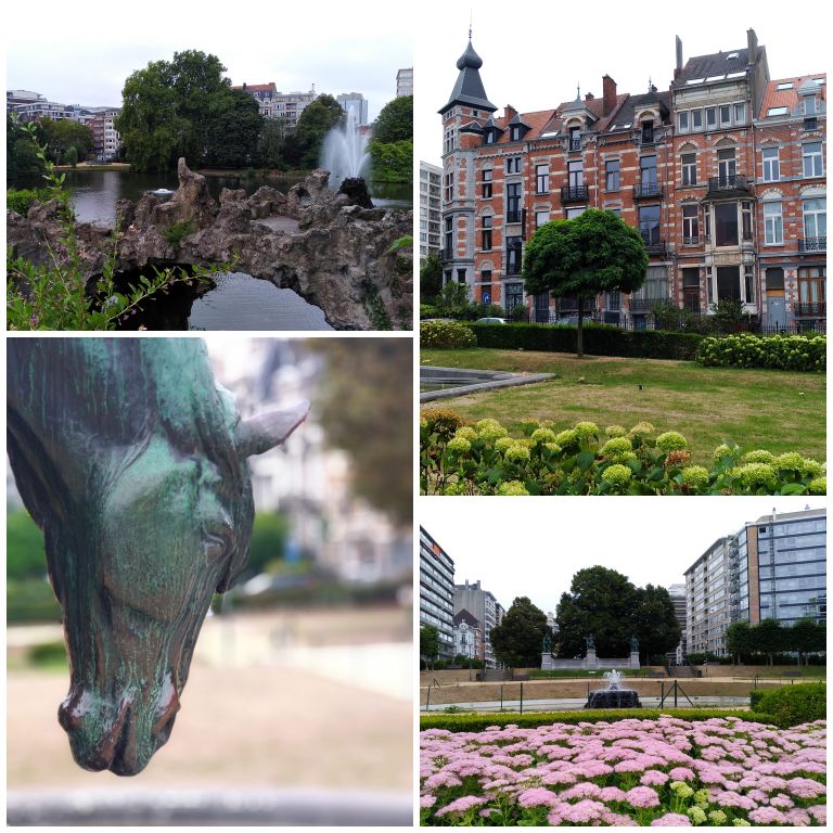 Detalhes dos jardins do Square Ambiorix e das belas fachadas dos edifícios do Distrito Europeu