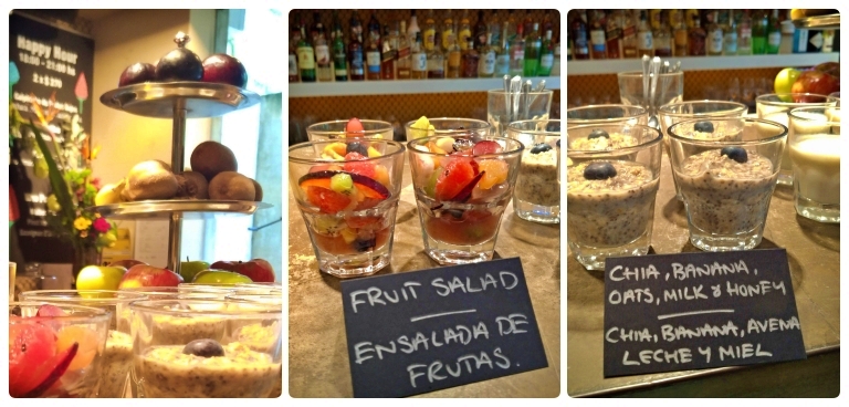 Uma linha mais saudável com frutas frescas, salada de frutas e preparo de aveia