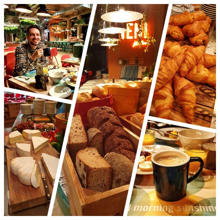 Pães diversos, croissants, pain au chocolat - detalhes do café da manhã