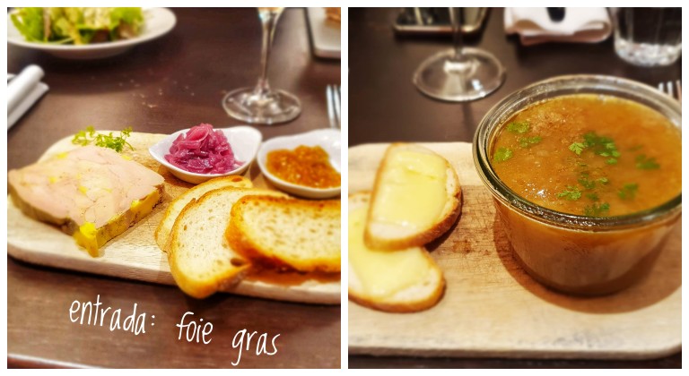 Entradas: foie gras e sopa de cebola