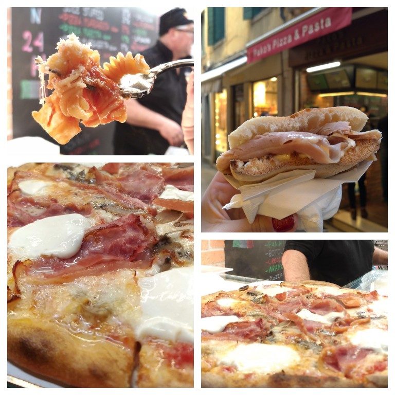 Massas, paninis ou uma deliciosa pizza assada na hora. Comida rápida e barata em Veneza 