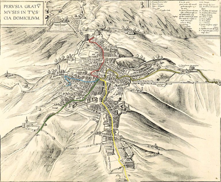 Mapa com os 5 distritos de Perugia | fpnte: http://turismo.comune.perugia.it/pagine/the-5-neighborhoods