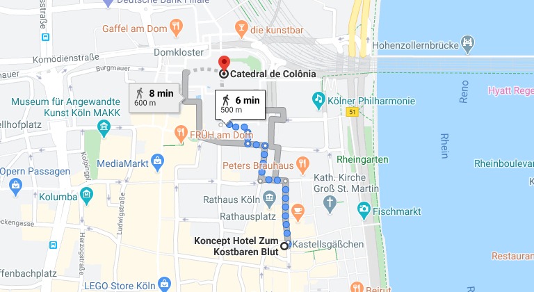 Distância do Koncept Hotel até a Catedral de Colônia e a estação central de trem