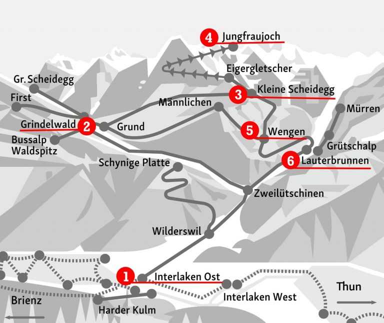 Mapa do trajeto de trem entre Interlaken e o Jungfraujoch - Top of Europe