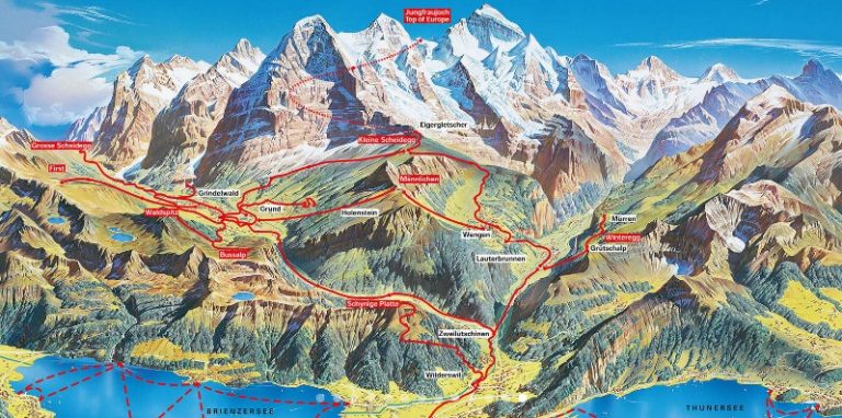 Mapa do trajeto de trem entre Interlaken e o Jungfraujoch - Top of Europe