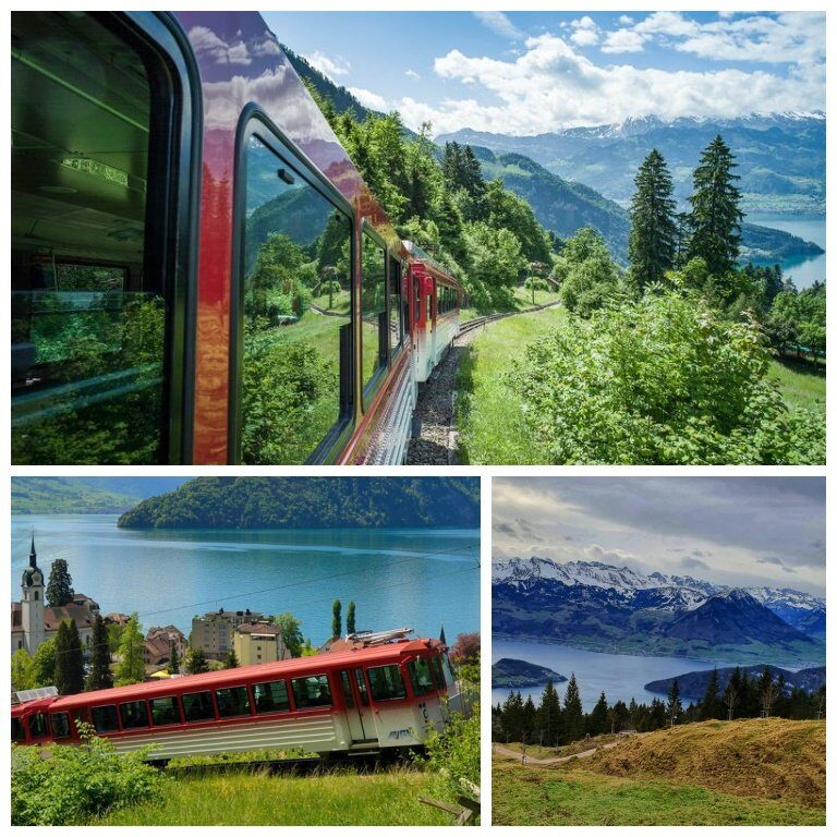 Subida do trem com vista para o lago Lucerna e os alpes suíços