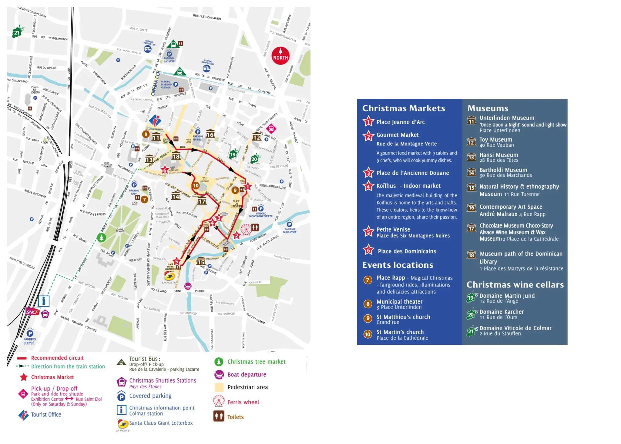 Mercados de Natal de Colmar, na Alsácia: a magia do Natal em uma cidade de conto de fadas 5 Mapa dos Mercados de Natal de Colmar 2026, na Alsácia, França, com a localização dos seis mercados natalinos, incluindo o Marché Gourmand, além de museus, atrações turísticas, estacionamentos, áreas de pedestres e trajetos recomendados pelo centro histórico.
