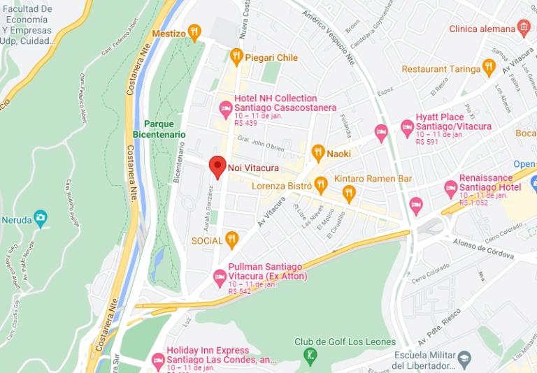 Mapa com a localização do Hotel Noi Vitacura em Santiago